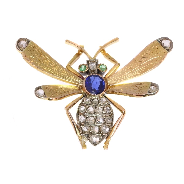 Victorian queen bee brooch with diamonds sapphire and emeralds